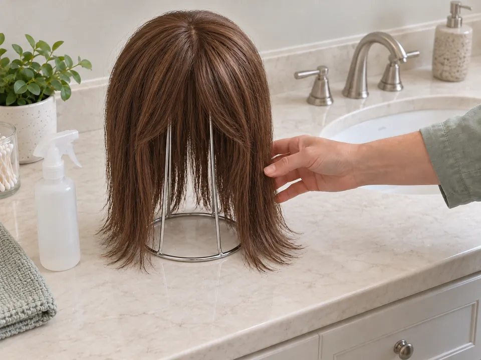A removable wig rests on an open wire stand with its lengths hanging freely to air-dry.