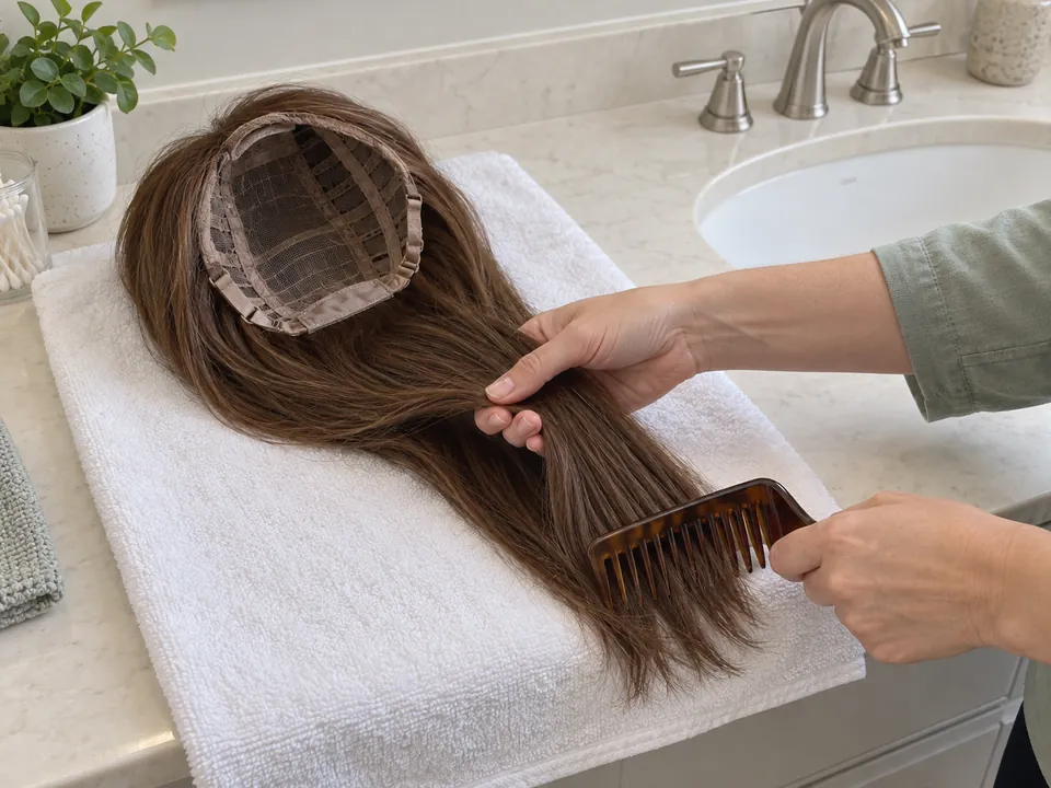 One hand supports a detached synthetic wig above its ends while the other combs the dry ends on a towel.