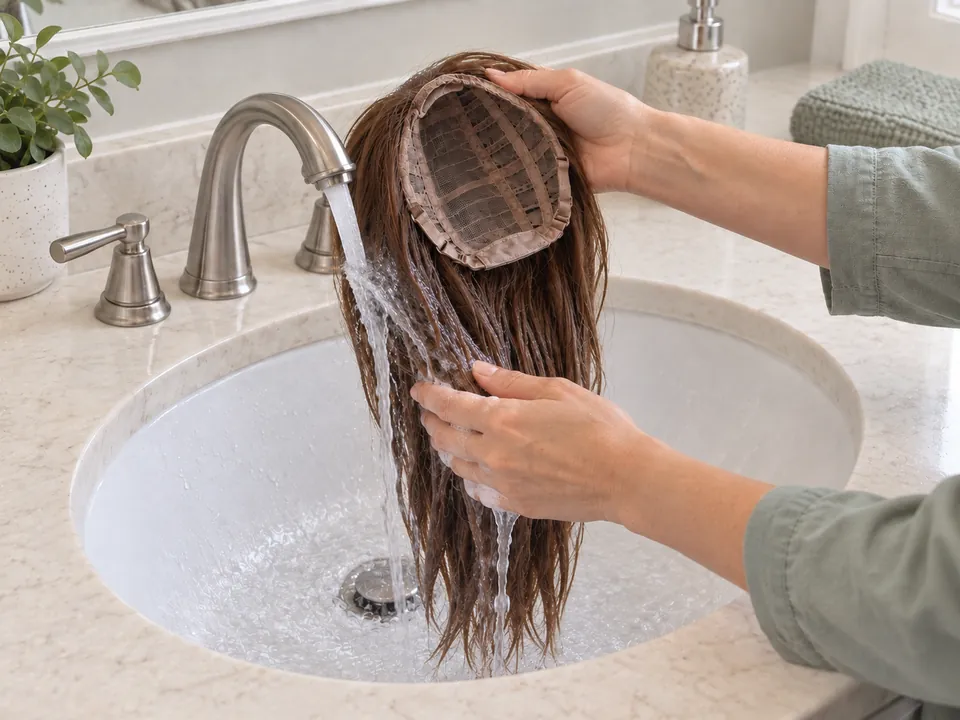 A person supports the wig cap while gently washing the hanging synthetic fibers downward over a sink.