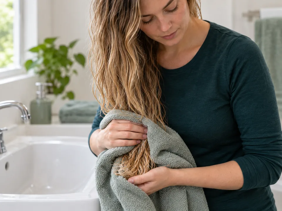 Both hands press a clean towel along fragile lengths while supporting the ends.