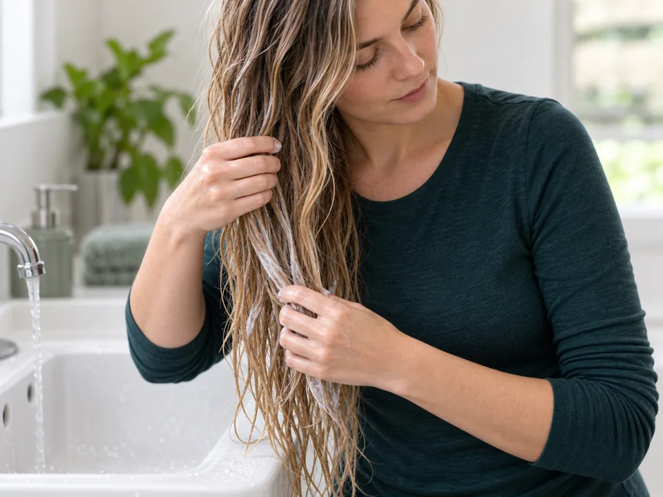 One hand supports conditioned lengths while the other finger-detangles gently from the ends upward.