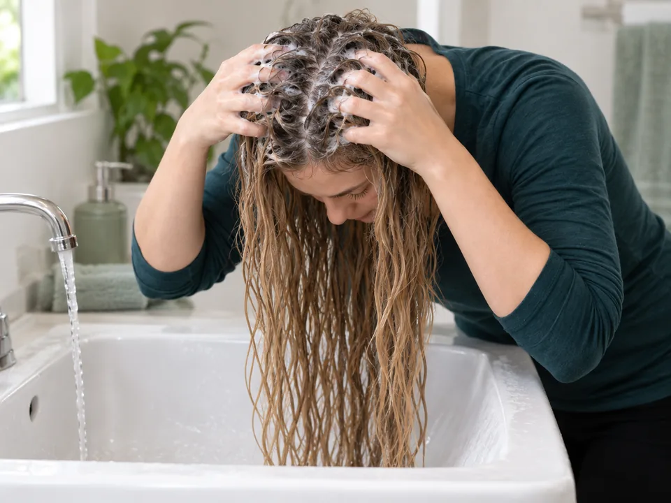 Finger pads shampoo the scalp while fragile processed lengths hang loose and supported.