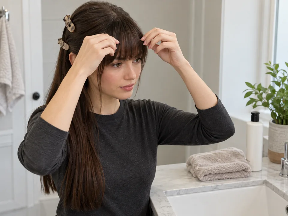 Both hands separate the fringe and secure the remaining dry hair with sectioning clips.
