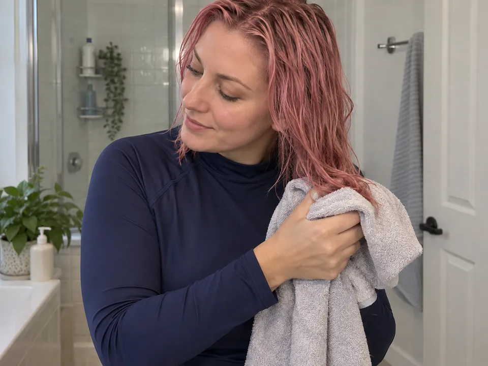 Blotting rinsed colored ends with a towel.