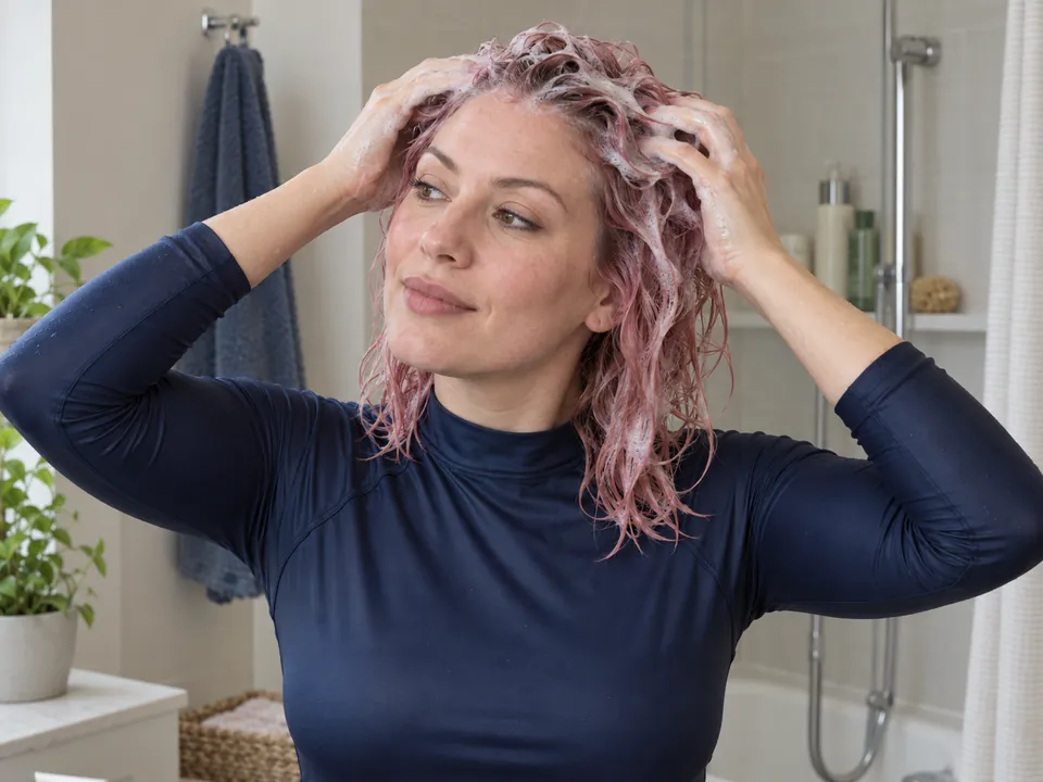 Gently distributing shampoo through loose wet hair.
