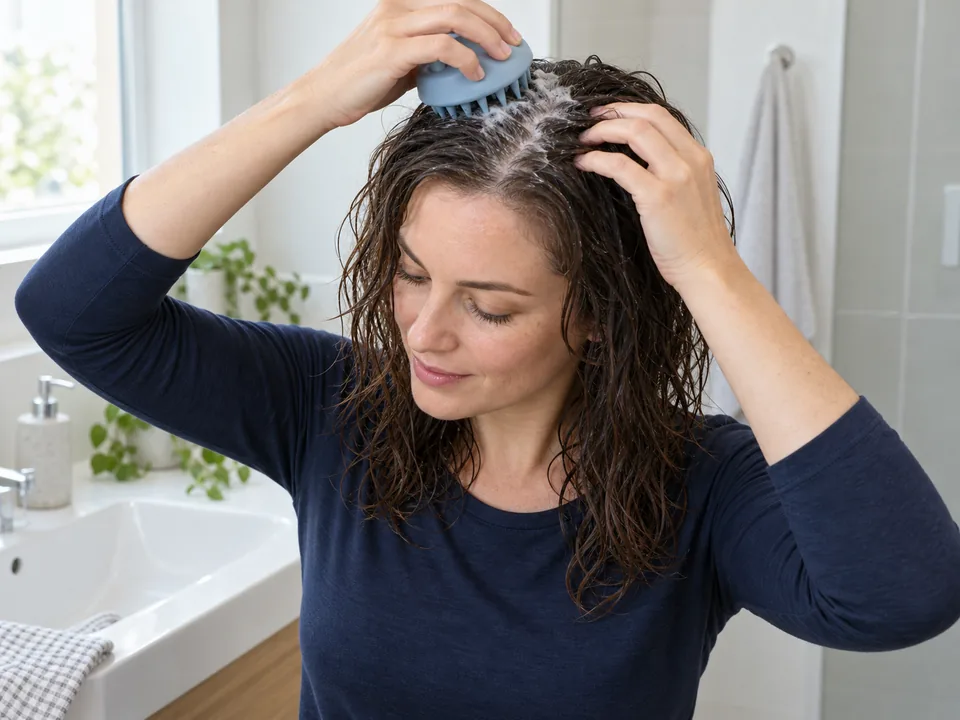 One hand parts wet hair while the other lifts and places a flexible silicone brush lightly against the scalp.