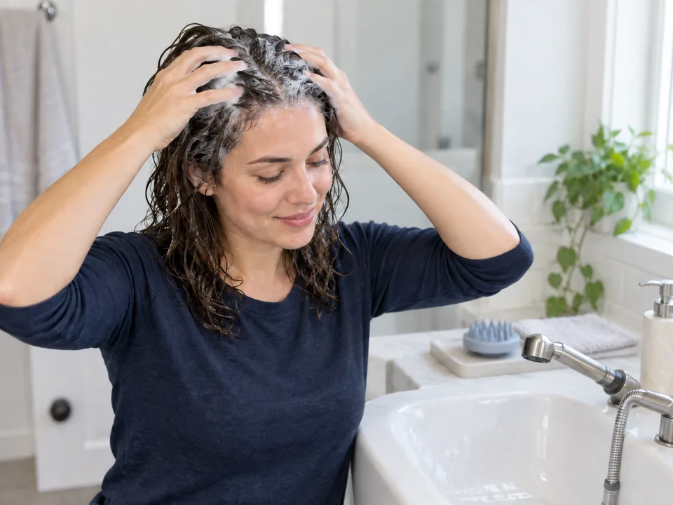 Clean hands spread ordinary shampoo lather over wet scalp while a flexible silicone brush rests on a draining tray.