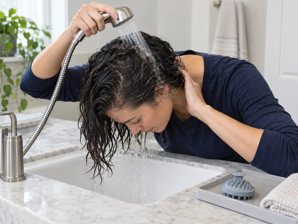 Both hands rinse suds from the hair while the cleaned silicone brush drains beside the basin.