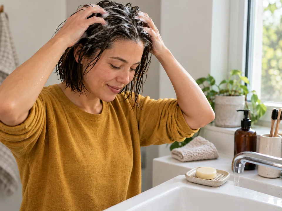 Finger pads work hand-built shampoo-bar lather over the scalp while the bar rests on a draining dish.