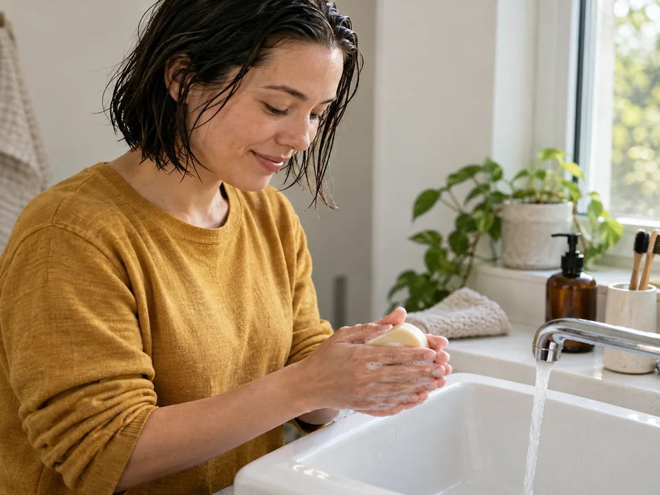 Wet hands hold a plain solid shampoo bar beside fully wet hair at a basin.