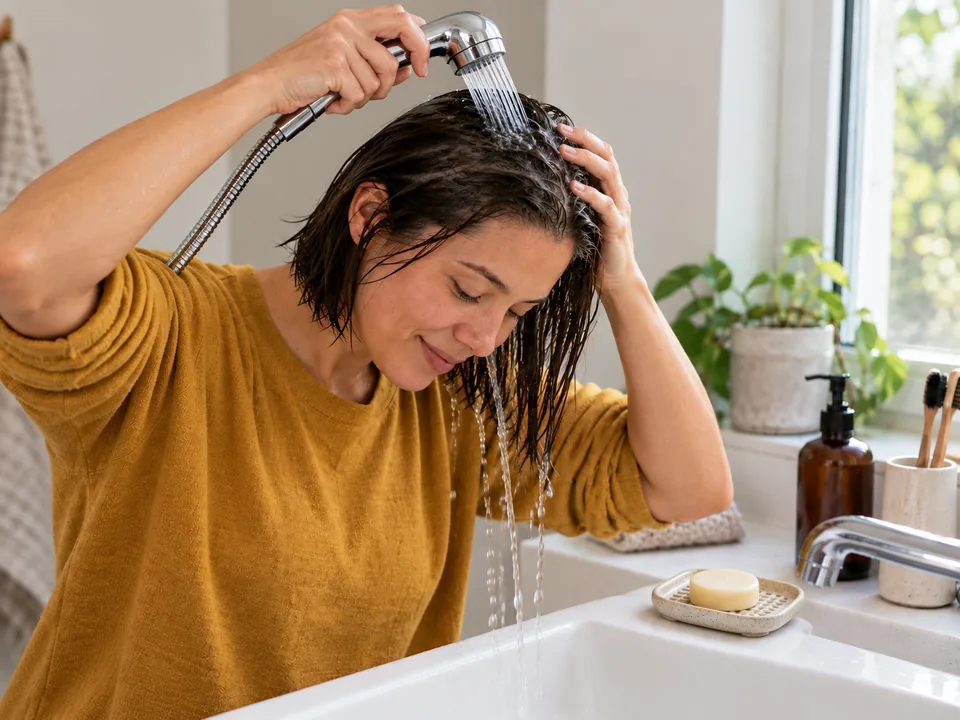 Both hands rinse lather from the hair while the cleaned bar air-dries on its dish.