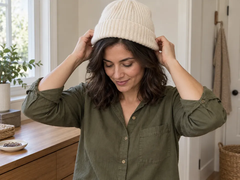 Lowering a soft beanie gently over dry hair.