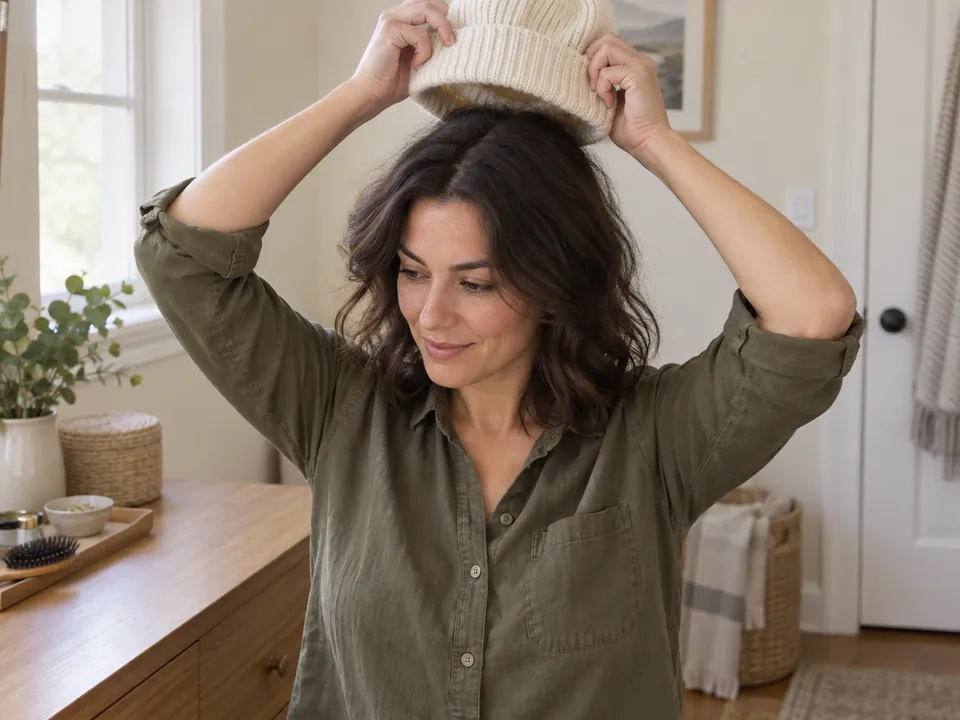 Lifting the beanie upward with both hands to remove it.